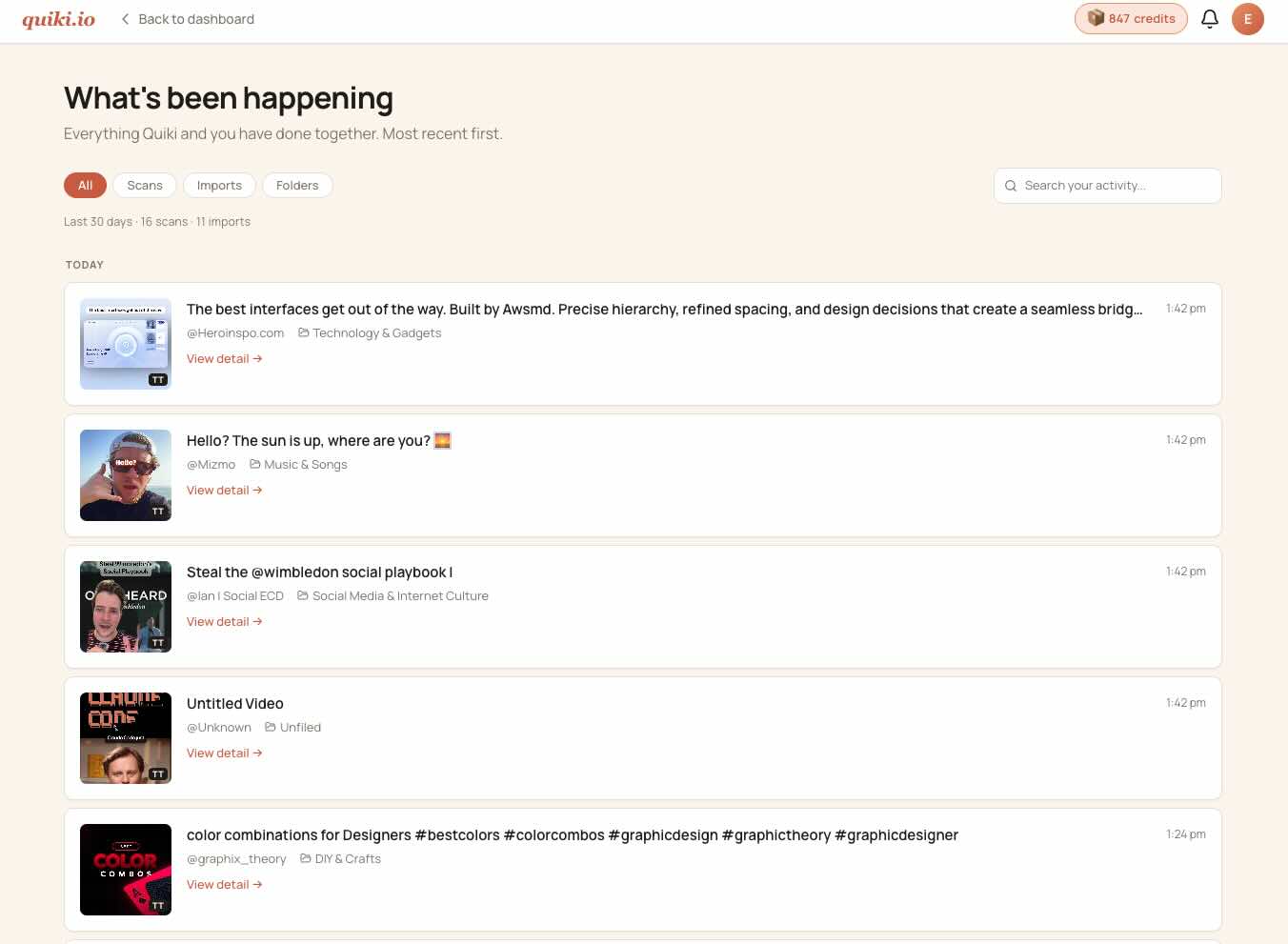 Quiki.io activity feed showing recent scans, auto-filed videos, and bulk imports grouped by date