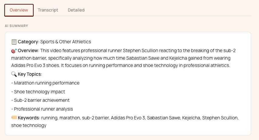 AI summary tab showing key points and tags
