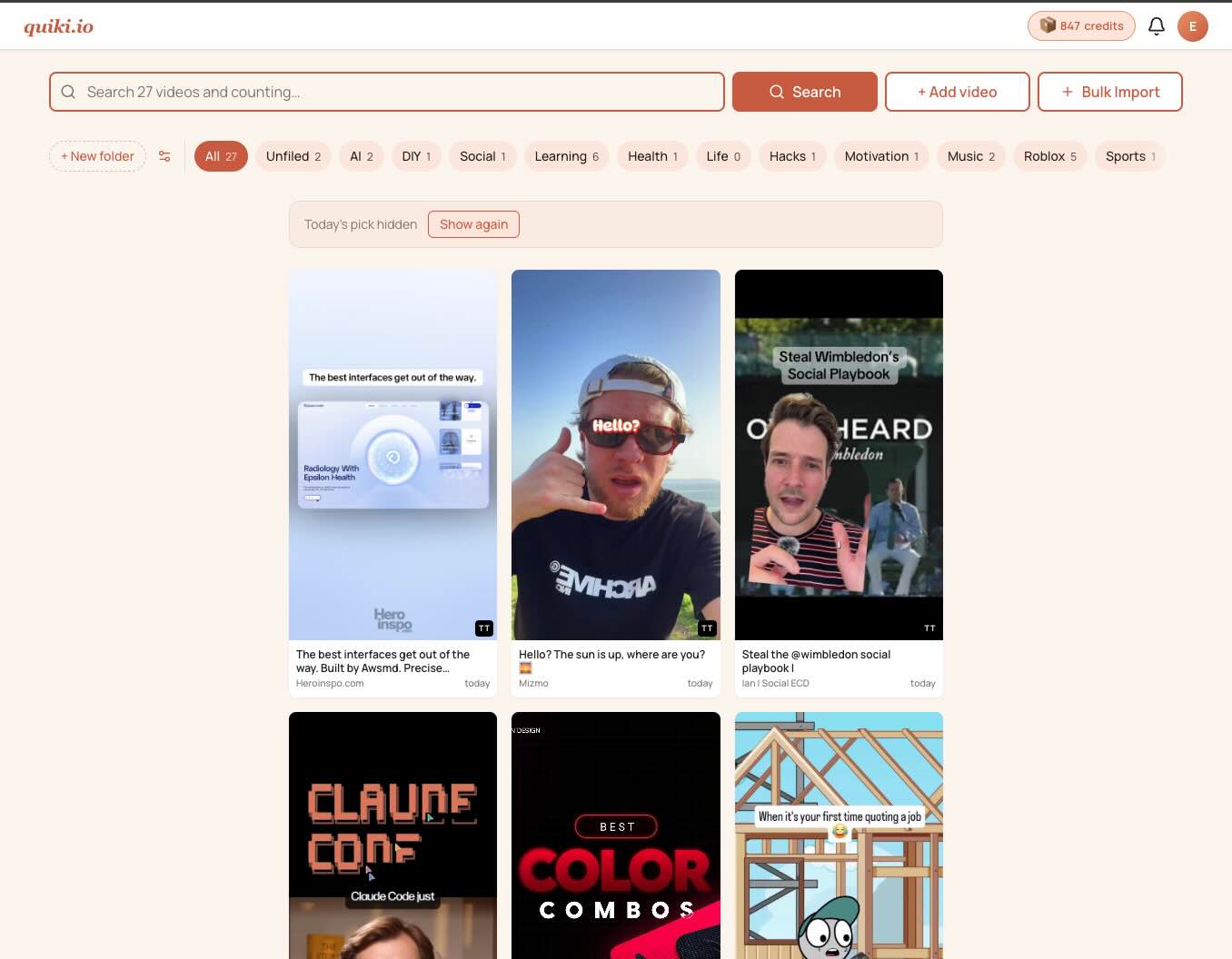 Quiki.io dashboard showing a personal video library with auto-filed folders and AI summaries