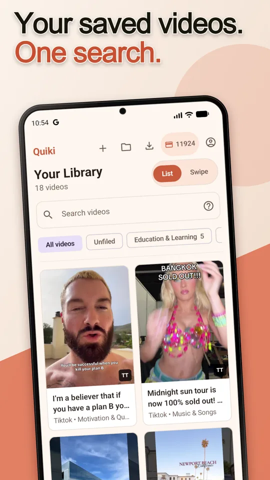 The Quiki Android app showing a library of saved TikTok videos