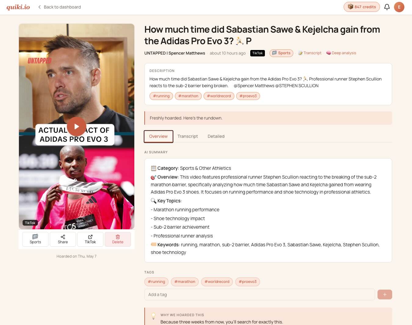 Quiki.io video detail page with embedded player, AI summary, transcript, and tags